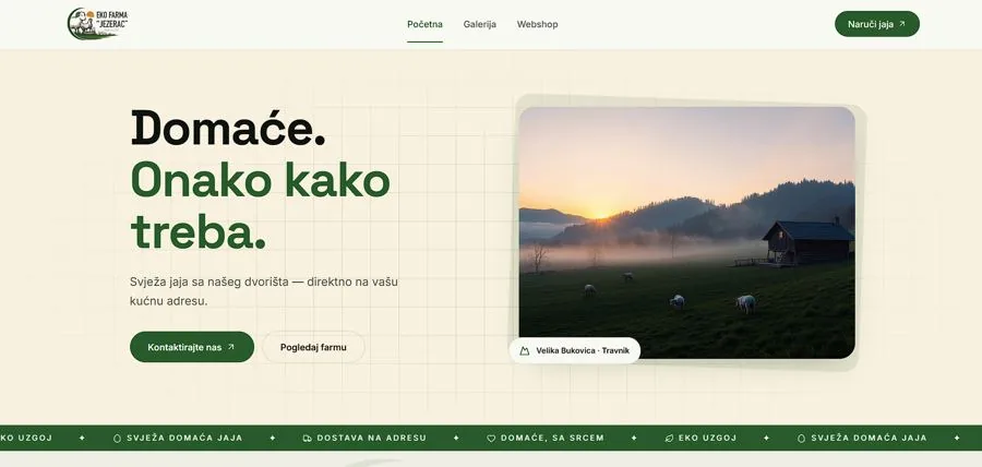 Web stranica za Eko Farmu Jezerac, Velika Bukovica kod Travnika – naslovnica sa domaćim jajima
