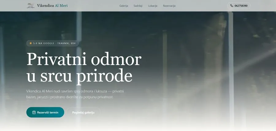 Web stranica za vikendicu Al Meri u Travniku – naslovnica sa pozivom na rezervaciju